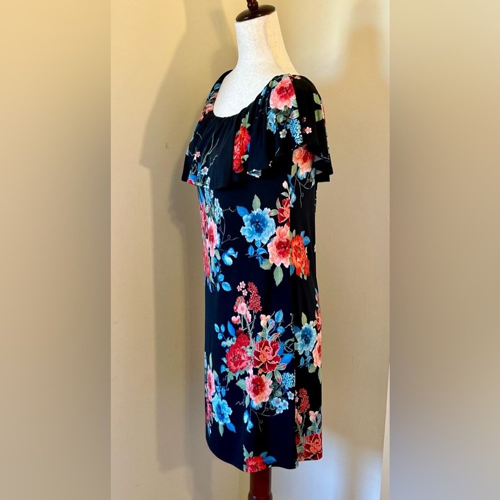 Renee C Black Floral Off-Shoulder Dress | Romantic Ruffle Neckline | Size M - Picture 4 of 7